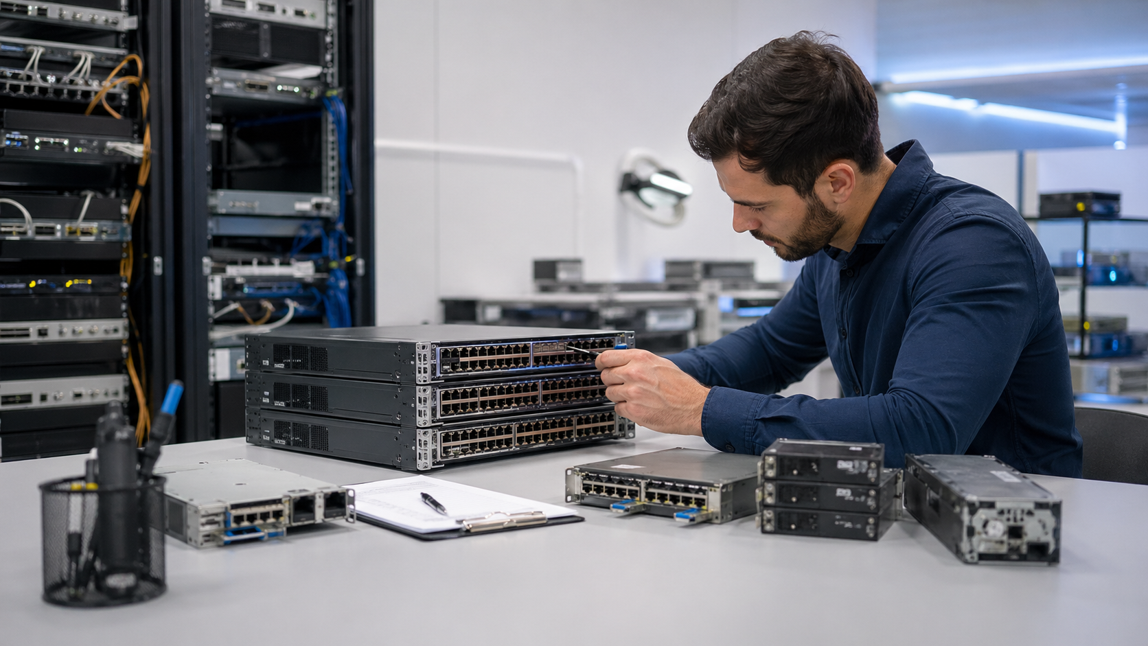 Technician inspecting refurbished networking equipment before purchase.