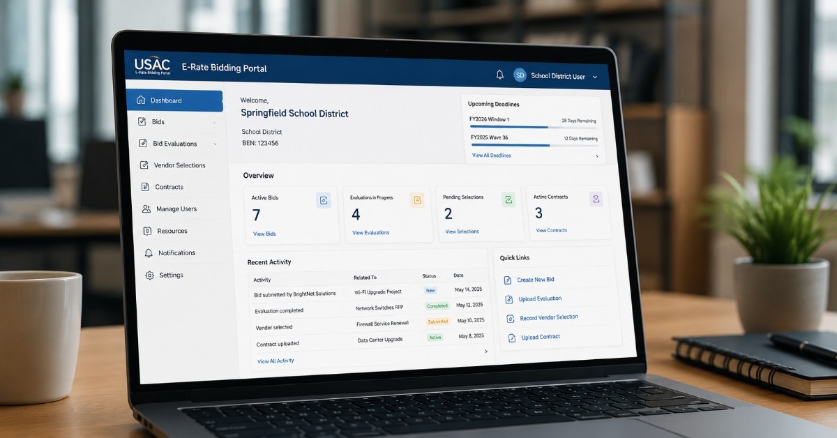 Realistic office desk scene showing a laptop with an E-Rate Bidding Portal dashboard, representing digital bid management for schools, libraries, and vendors.