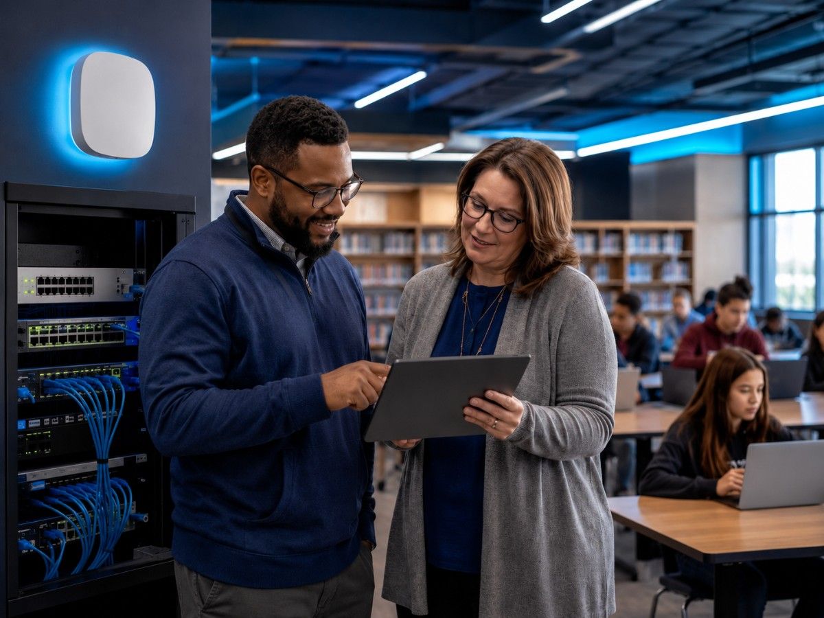 E-Rate guide featured image: School IT staff review network equipment and Wi-Fi planning in a modern learning space.