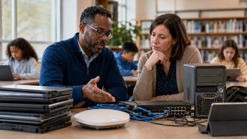 School IT staff and administrator review laptops, network gear, and aging devices while students use technology in a library. The top section displays a numbered 6-step horizontal sequence tracking budget pressures: