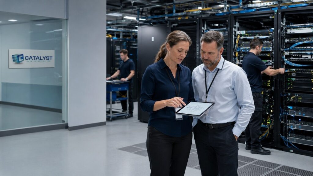 Catalyst Data Solutions consultant and IT manager review an infrastructure plan on a tablet while technicians install, test, and organize enterprise servers and network equipment in a modern data center.