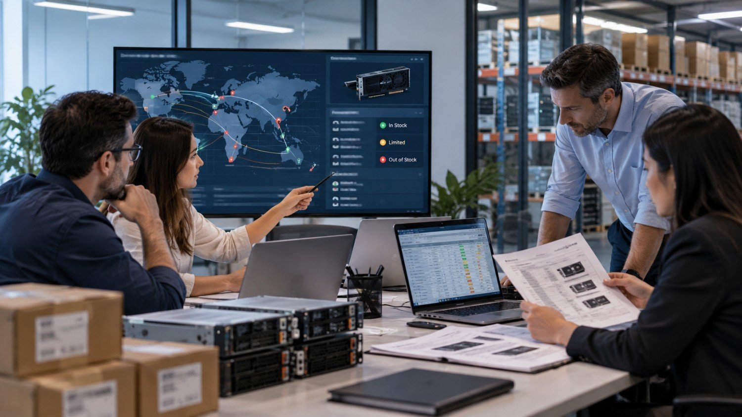 Thumbnail for an AI infrastructure procurement article showing professionals reviewing technical plans and hardware components.
